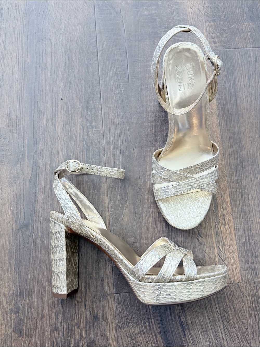 Naturalizer Mallory Platform Heeled Sandals | Gold Snake | Size: 9.5 Wide - Picture 7 of 10